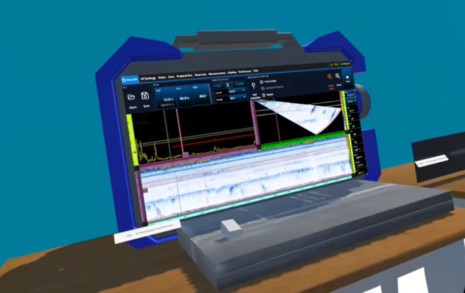 ABI ultrasonic thickness training showing the instrument and virtual inspection task